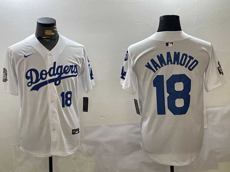 Mens Los Angeles Dodgers #18 Yoshinobu Yamamoto White 2024 World Series With Fernando Memorial Patch Home Limited Stitched Jersey->los angeles dodgers->MLB Jersey